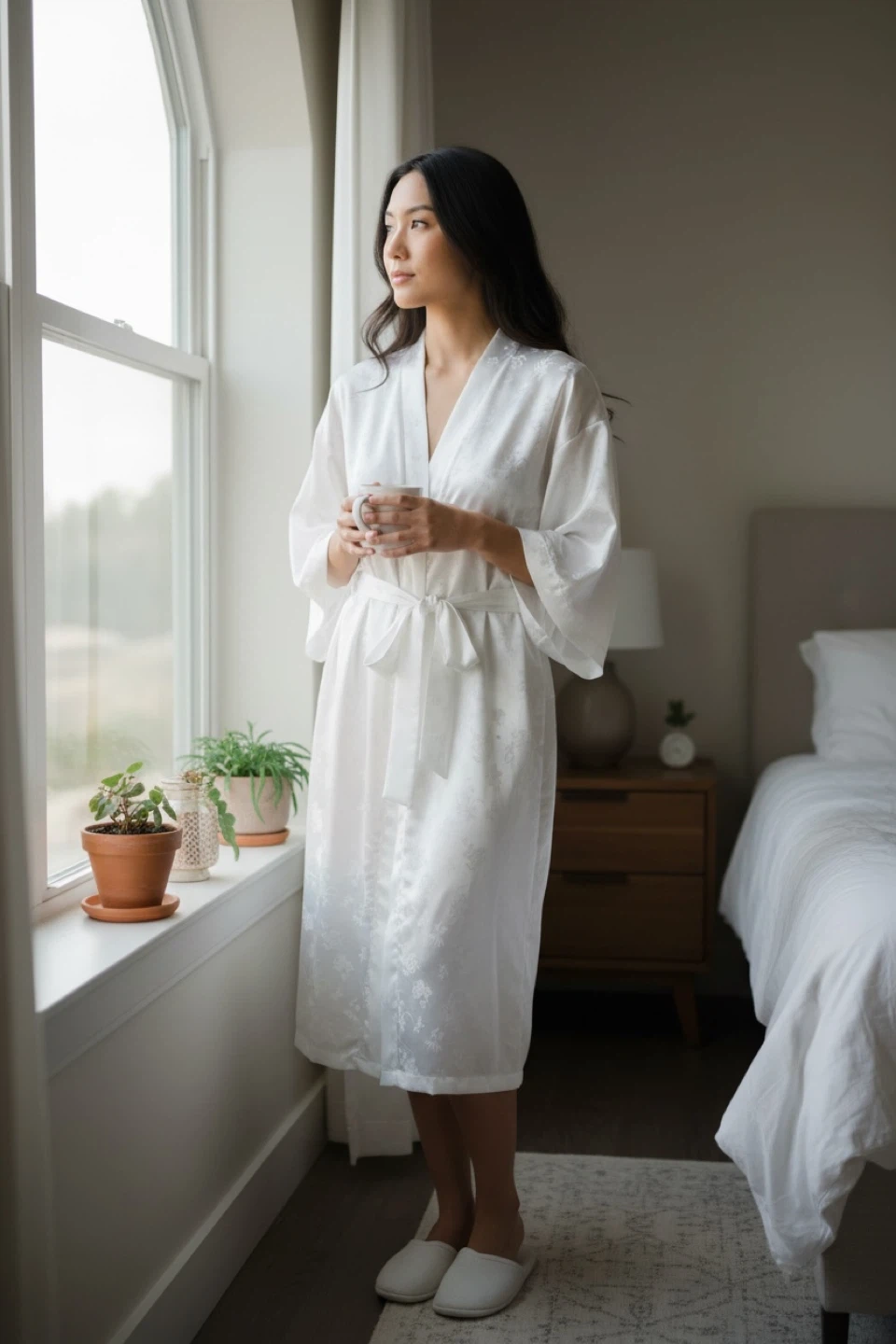 Francois White Satin Floral Kimono Robe Size S