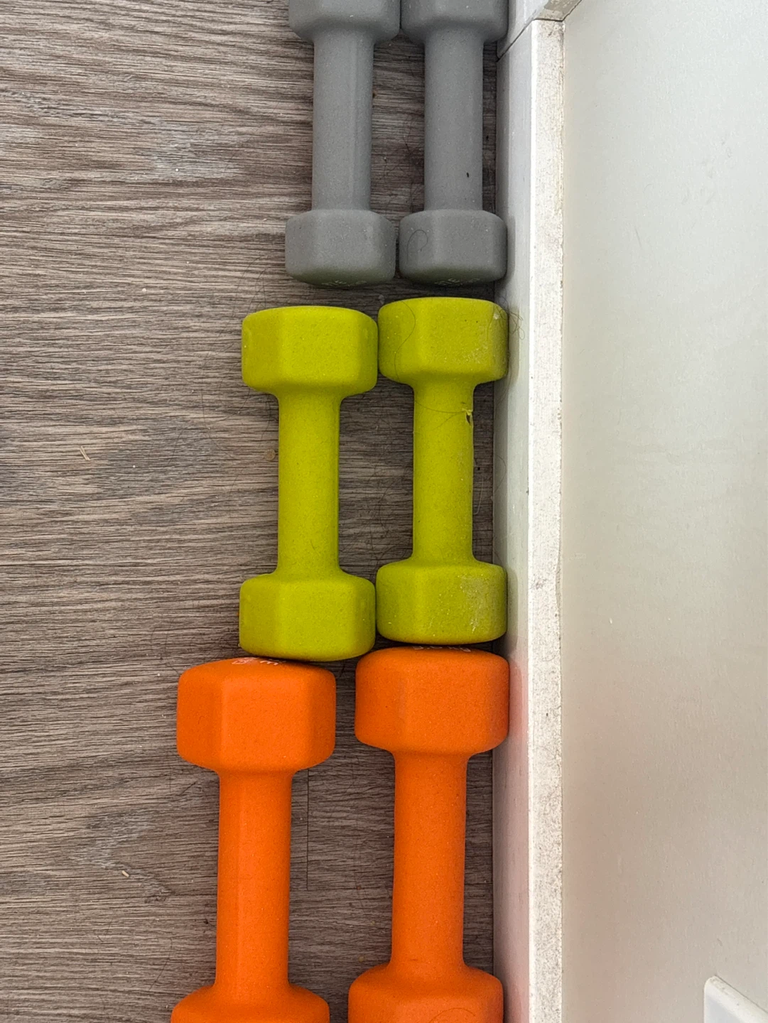 Set of 6 Dumbbells - Orange, Lime Green, and Gray