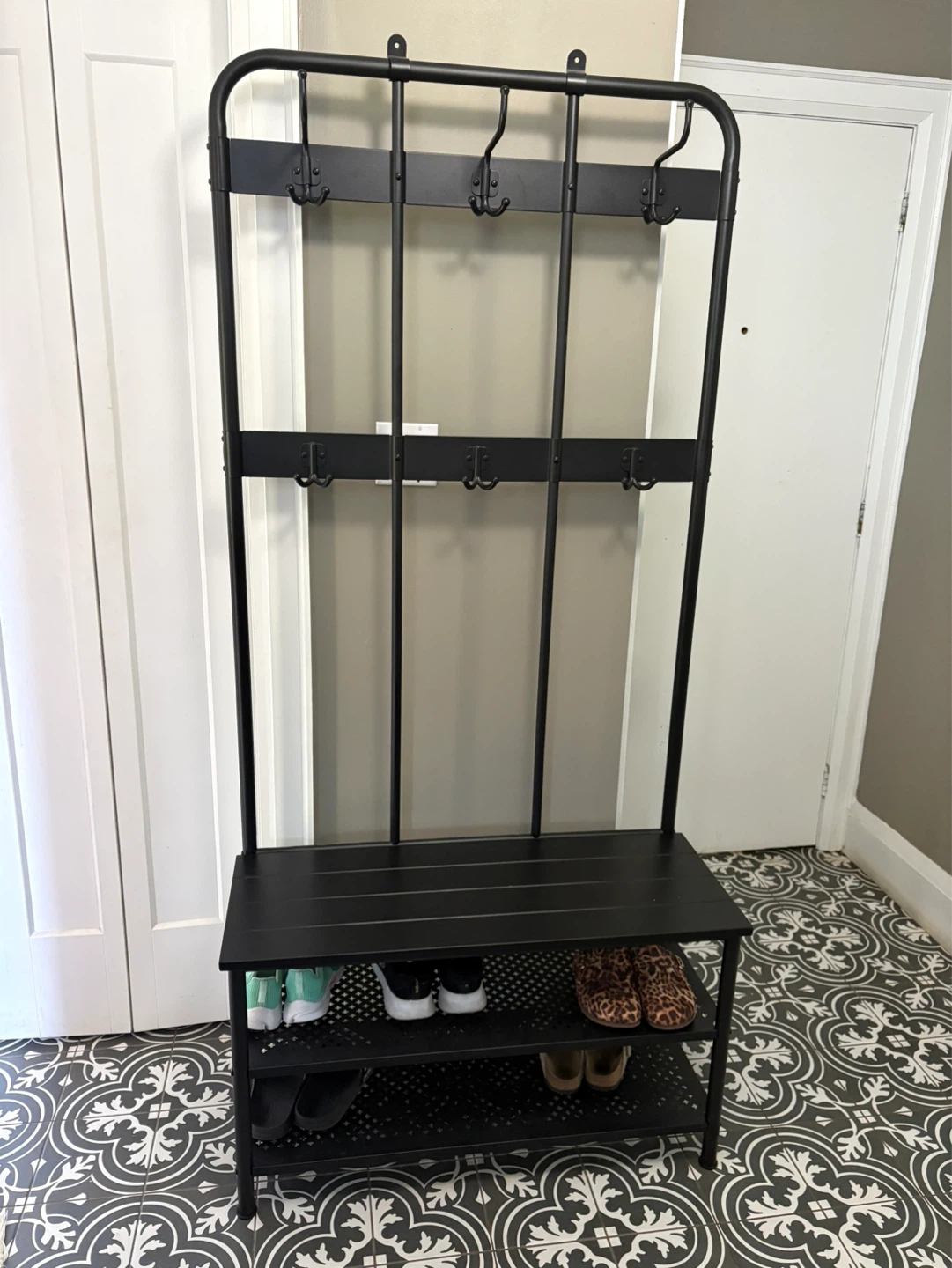 Black Metal Hall Tree with Bench and Shoe Rack