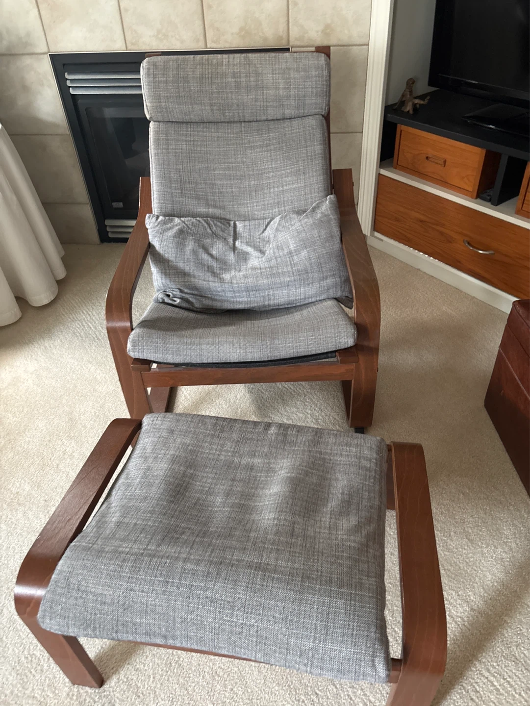 Grey Upholstered Ikea Chair with Ottoman