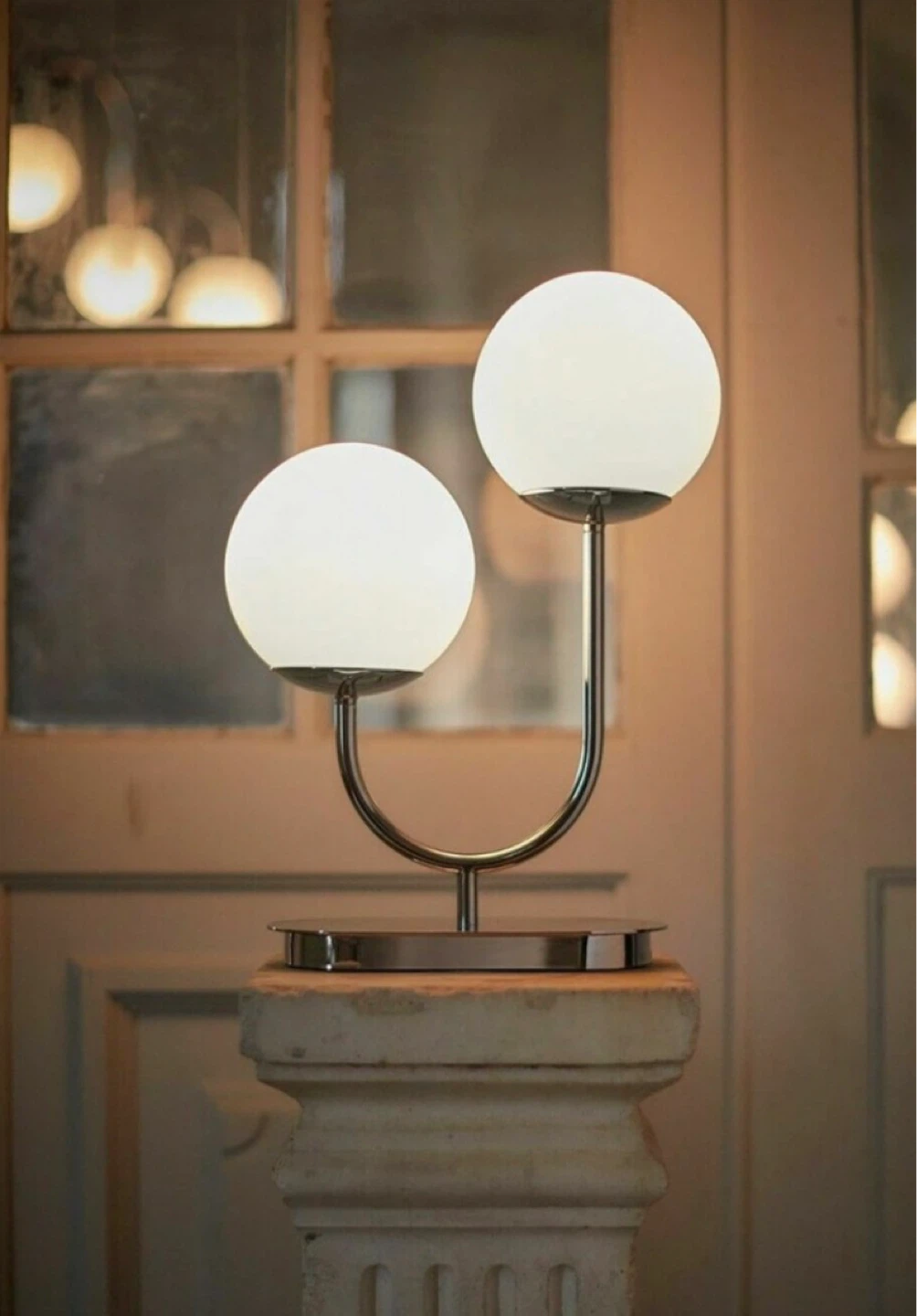 SIMRISHAMN Table lamp, chrome plated/opal glass, 17”