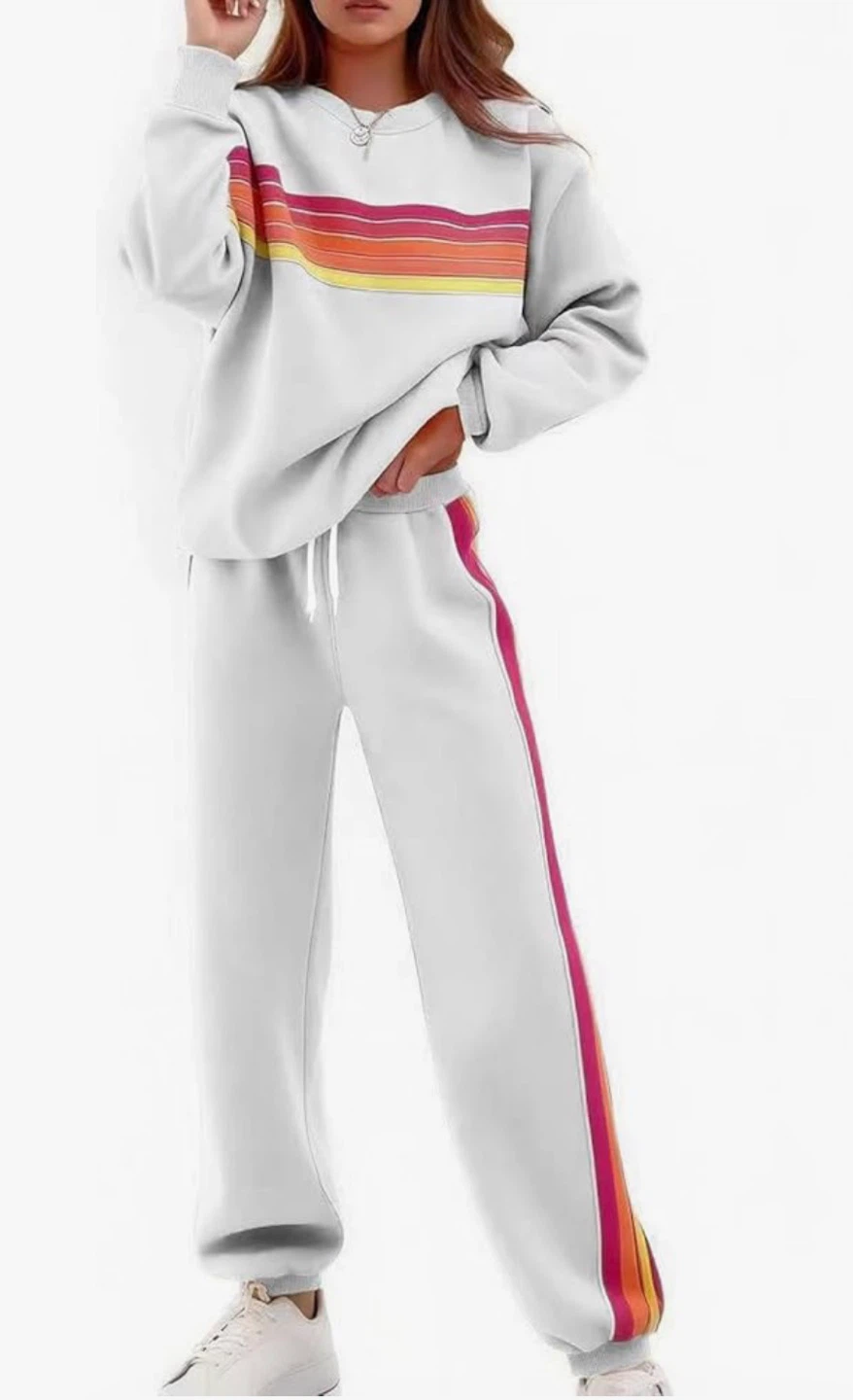 White Sweatshirt and Sweatpants Set with Rainbow Stripes