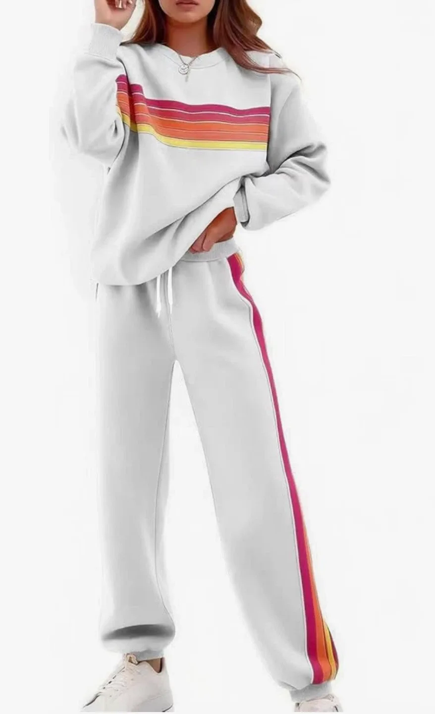 White Sweatshirt and Sweatpants Set with Rainbow Stripes