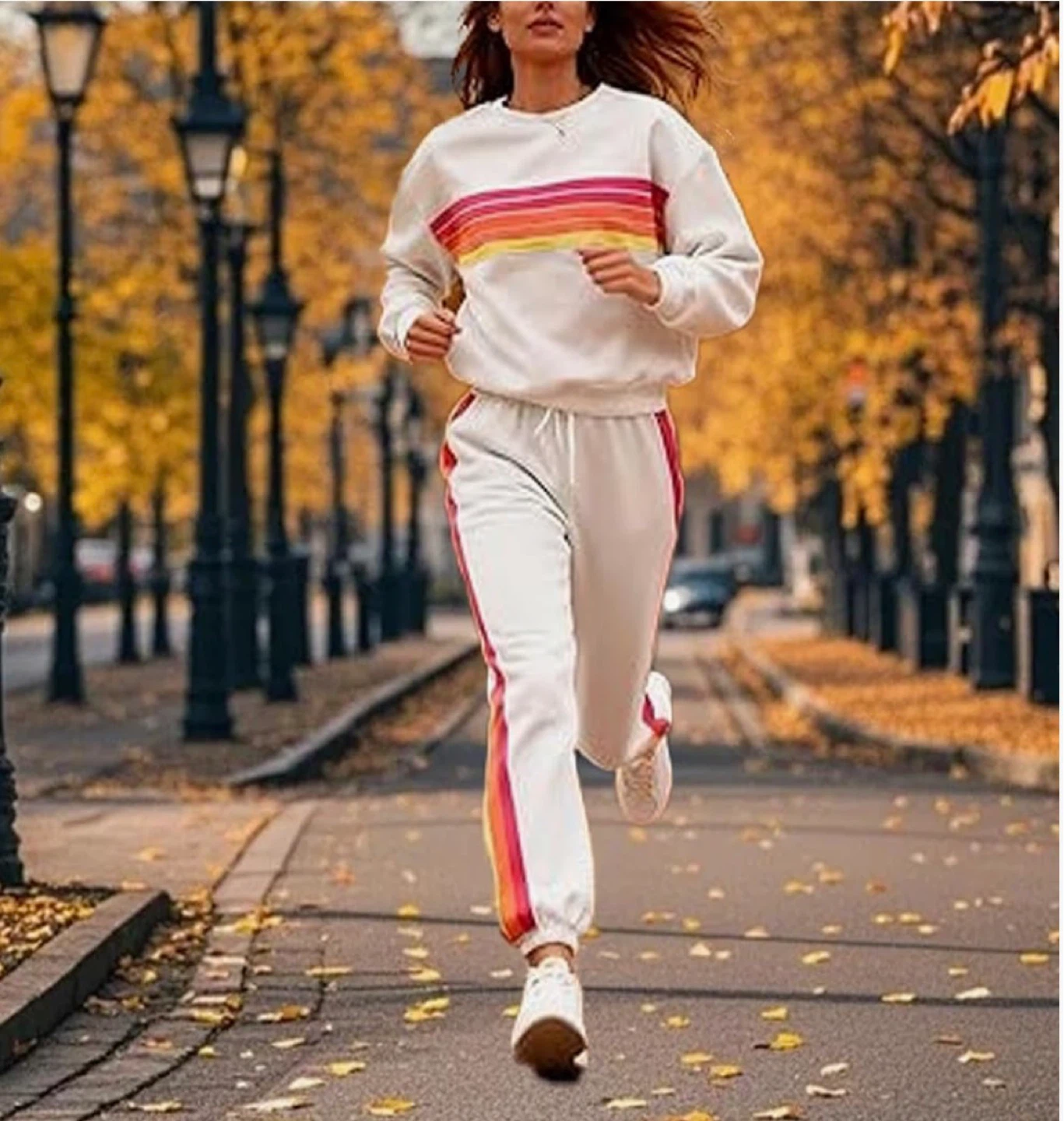 White Sweatshirt and Sweatpants Set with Rainbow Stripes - photo 2