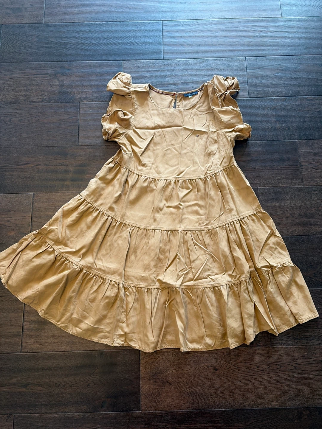 Tommy Hilfiger Tan Tiered Dress with Ruffle Sleeves