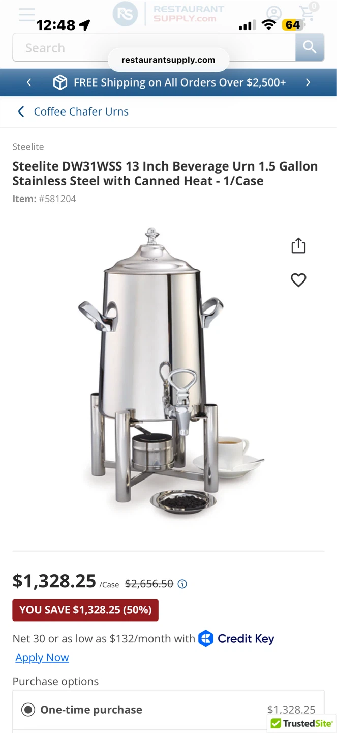 Steelite DW31WSS 13 Inch Beverage Urn 1.5 Gallon Stainless Steel