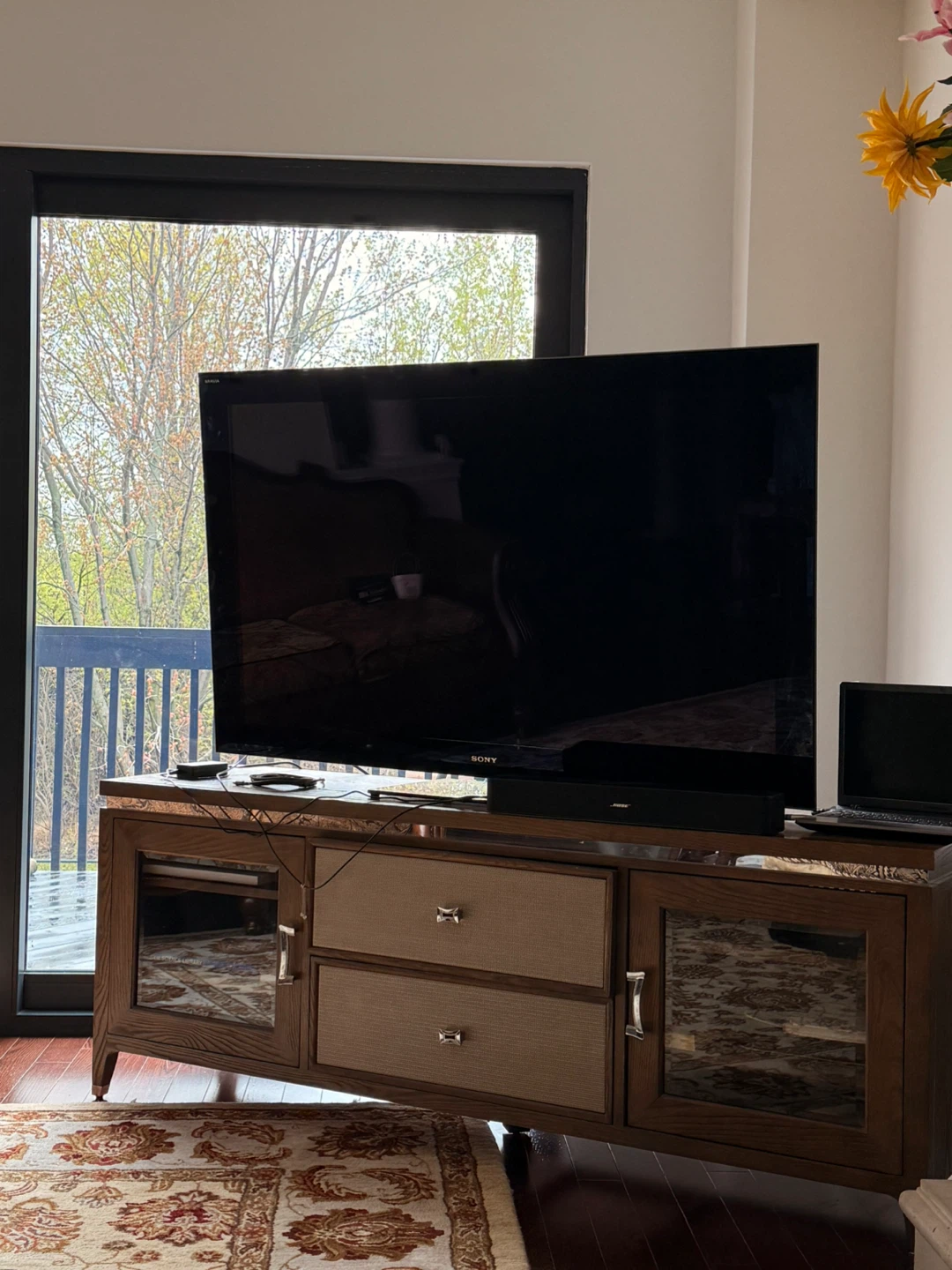 Sony Bravia Flat Screen TV + the wooden shelf under it