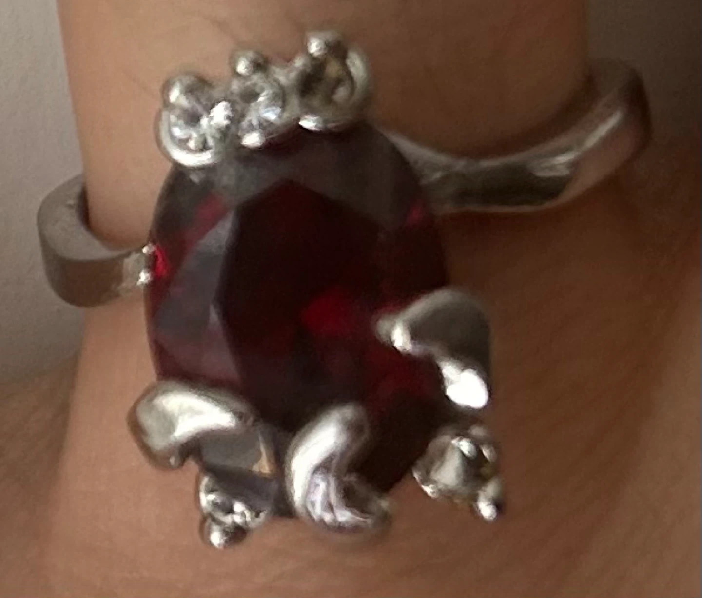 Red Gemstone Ring with Silver Band - photo 2