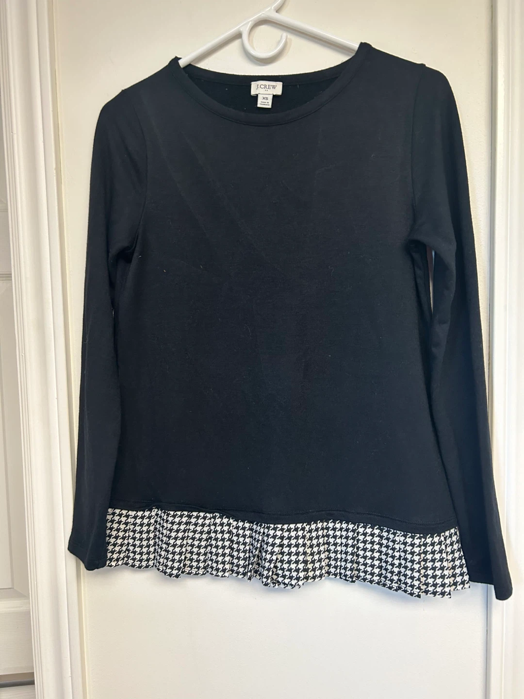 J. Crew Black Long Sleeve Top with Houndstooth Peplum - Size XS