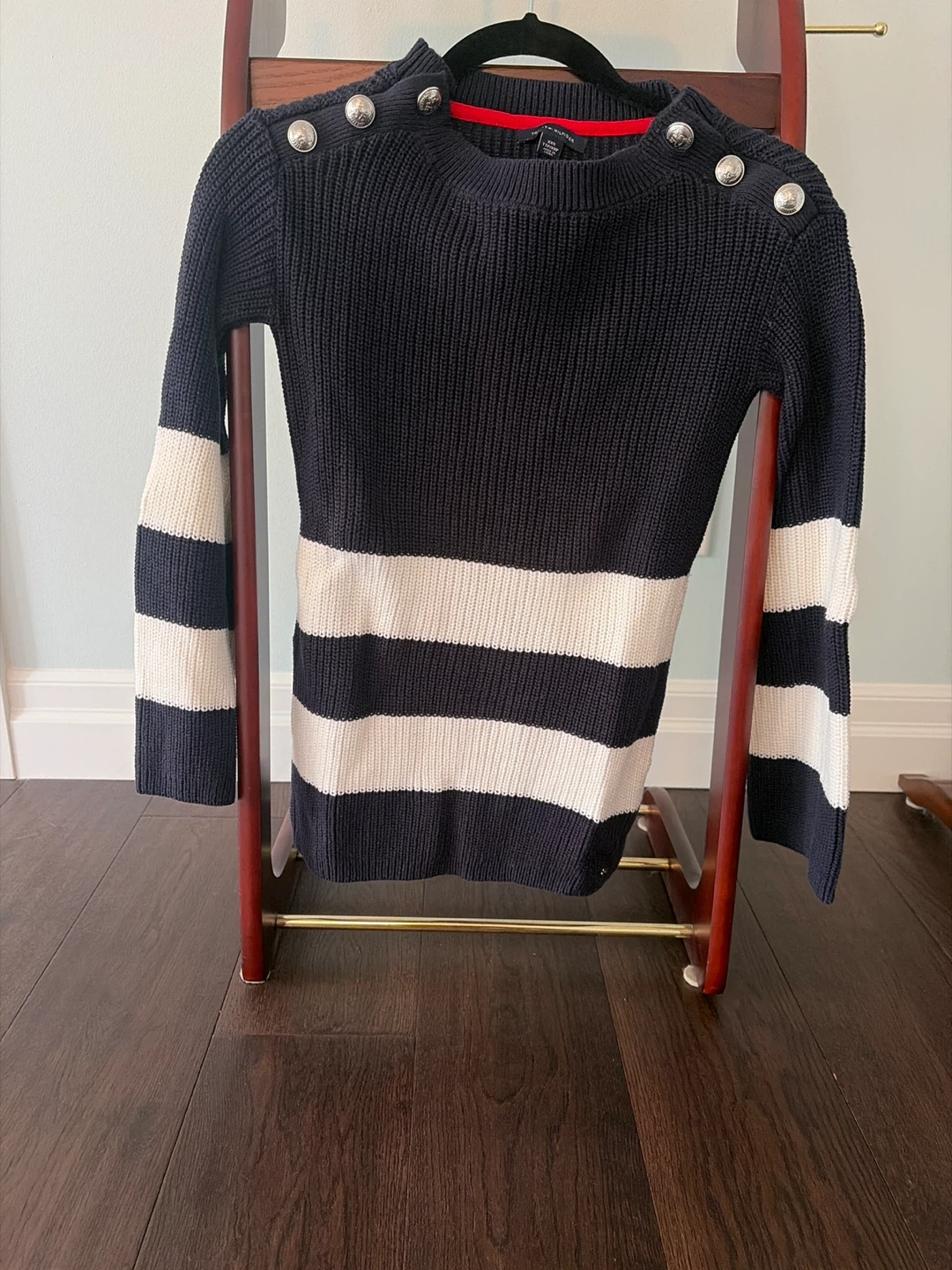 Tommy Hilfiger Navy & White Striped Sweater - Size Medium