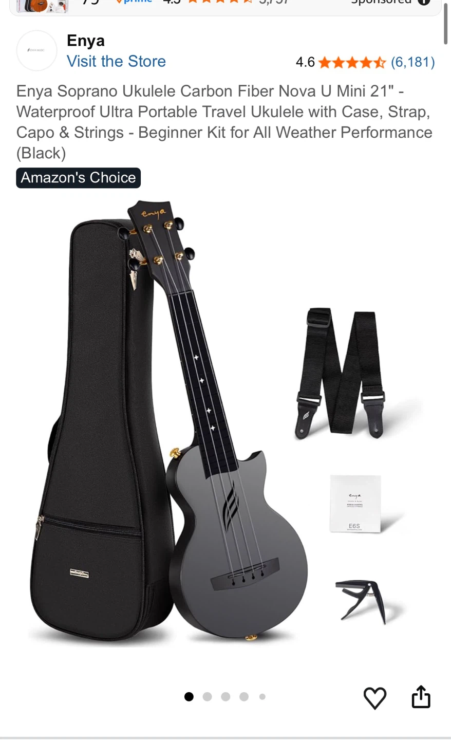 Enya Soprano Ukulele Nova U Mini 21" - Carbon Fiber, Black - photo 2