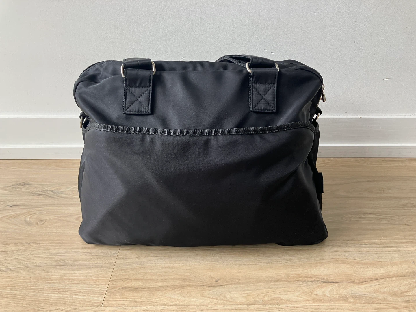 Black nylon travel tote bag