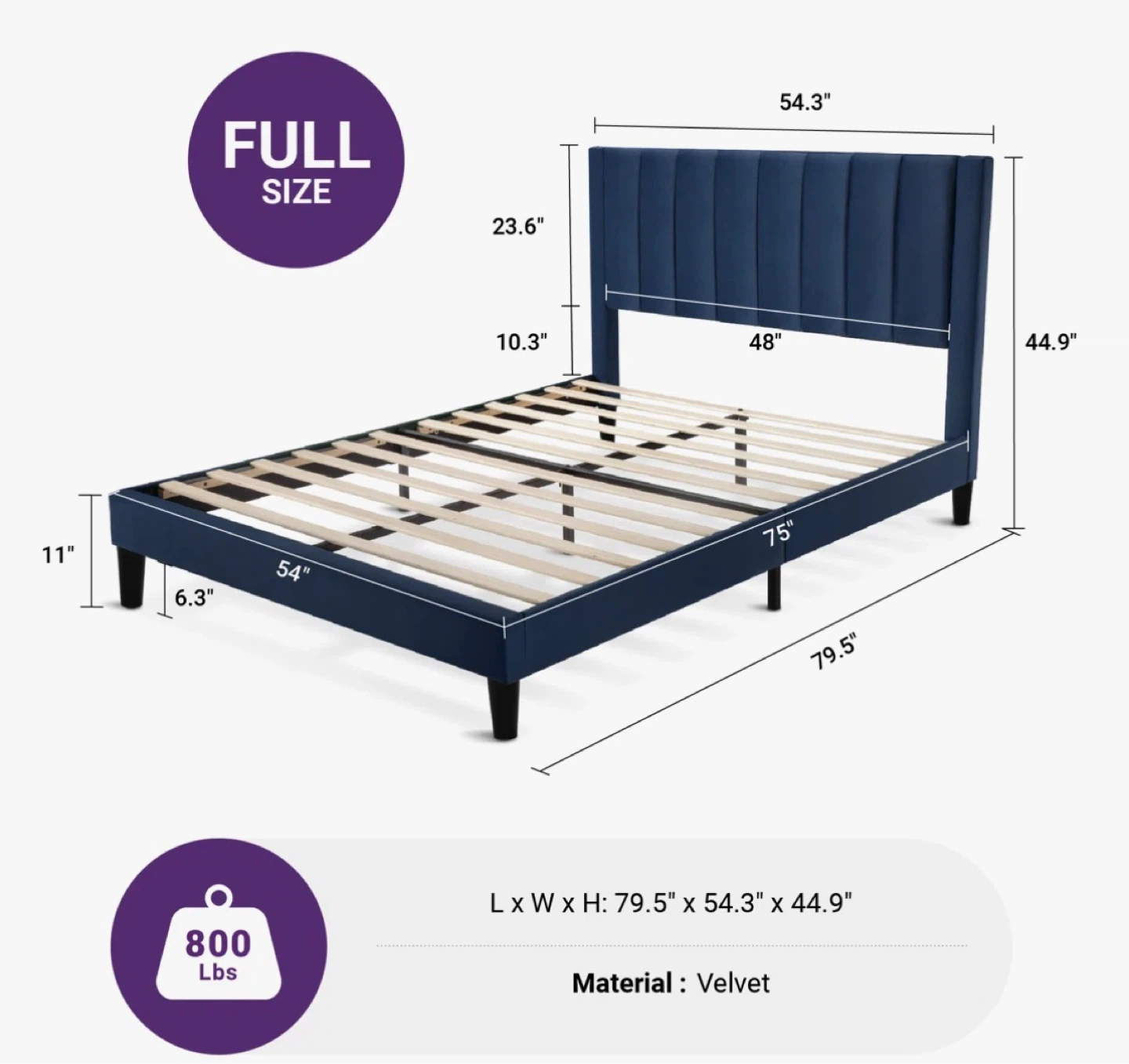 Full Size Platform Bed Frame - Navy Blue Velvet - photo 2