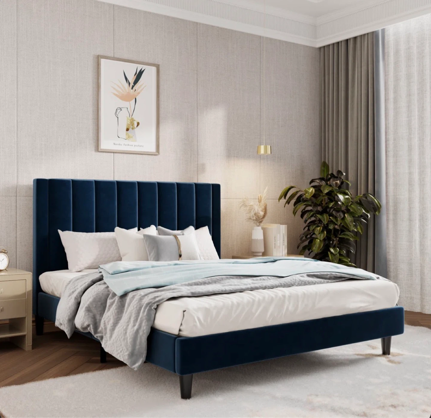 Full Size Platform Bed Frame - Navy Blue Velvet