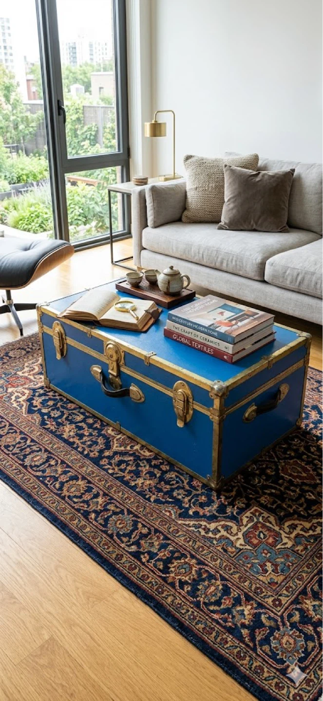Blue Vintage Cedar Lined Storage Trunk Chest