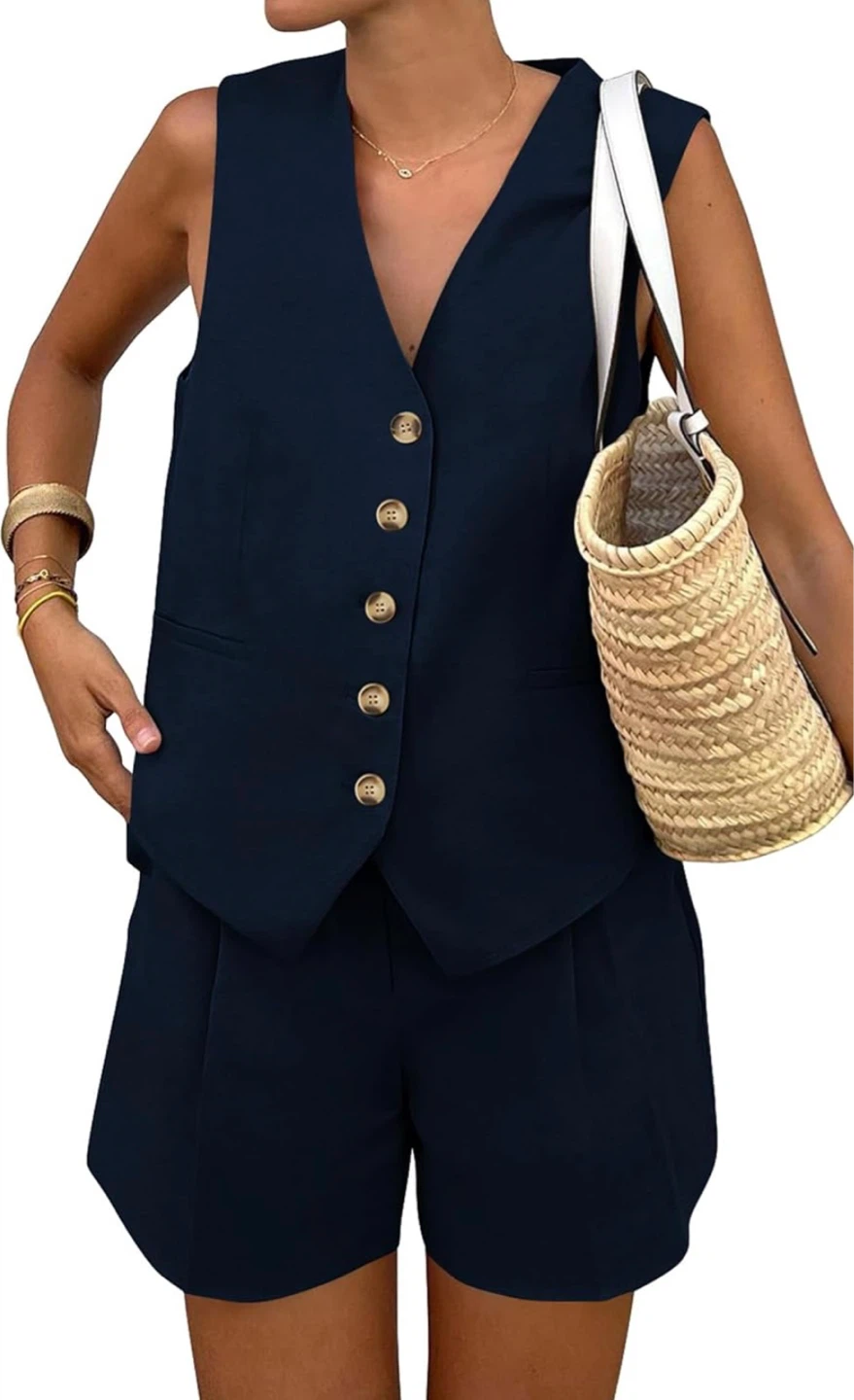 PrettyGarden Navy Blue Vest and Shorts Set