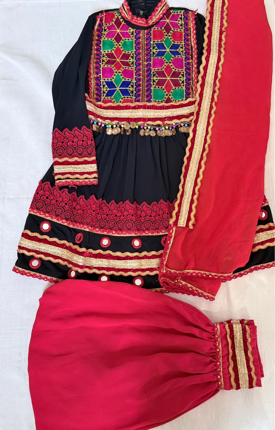 Embroidered Afghan Dress with Dupatta and Pants