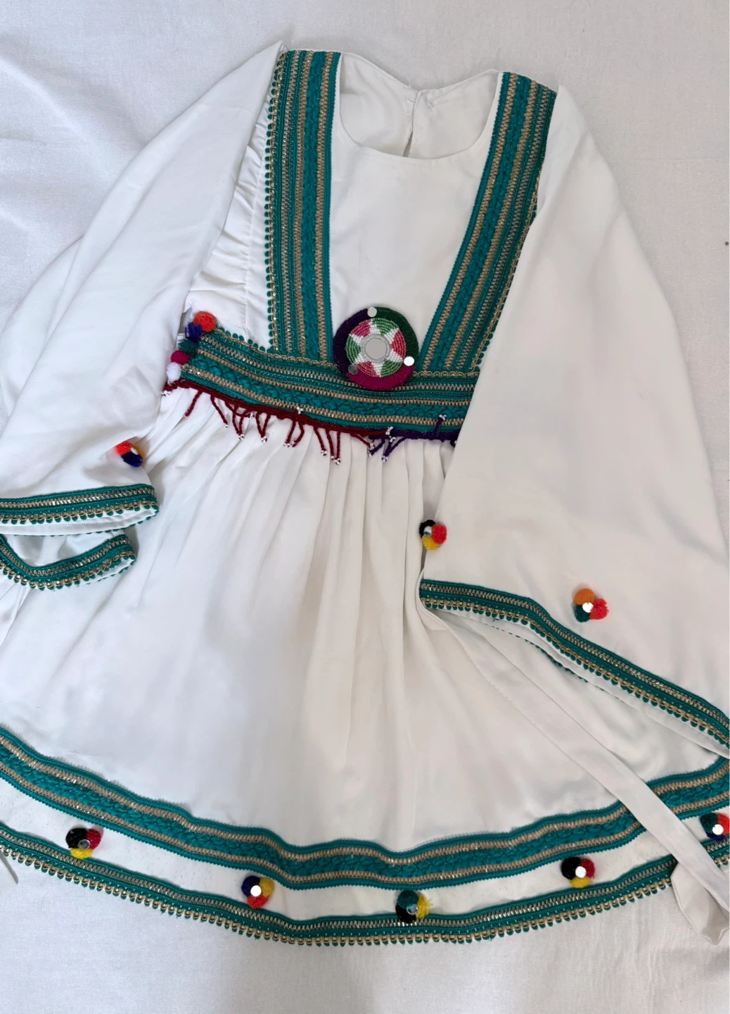 White Embroidered Dress with Teal Accents