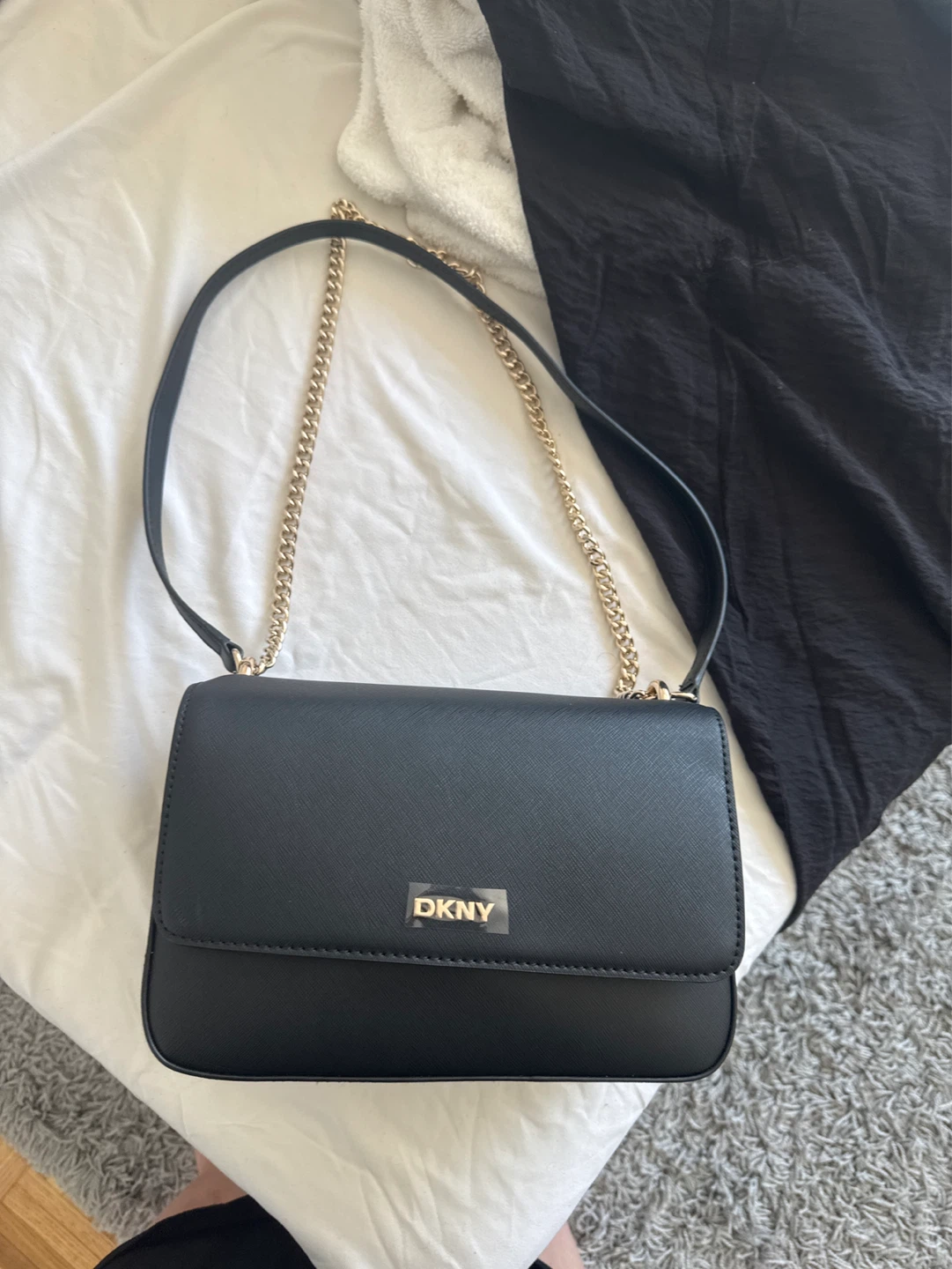 DKNY Black Leather Crossbody Bag with Gold Chain