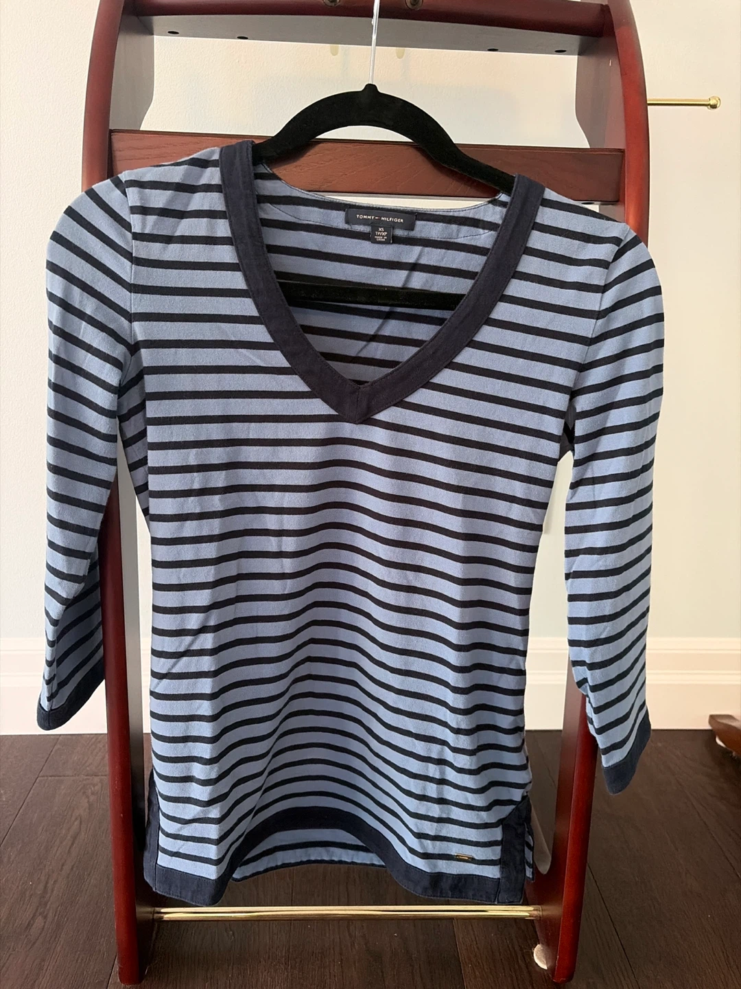 Tommy Hilfiger Striped 3/4 Sleeve V-Neck Top