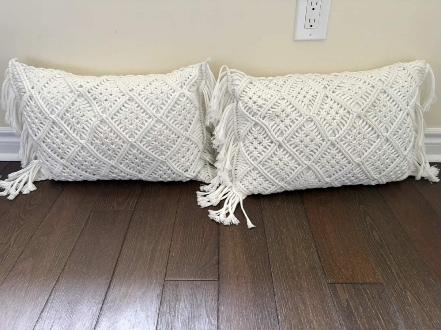 White Macrame Throw Pillow Covers with Fringe (Set of 2)