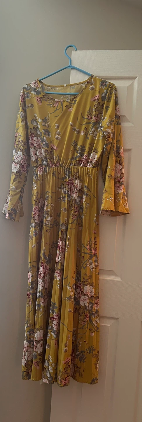 Yellow Floral Print Maxi Dress with Pleated Skirt - photo 2