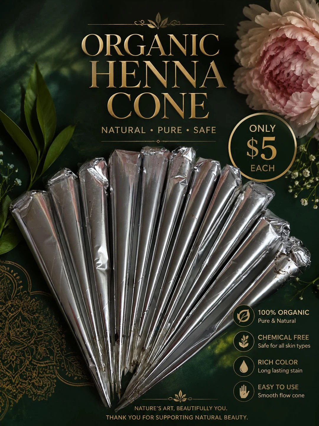 Organic Henna Cones (100% Organic, Natural, Pure, Safe)