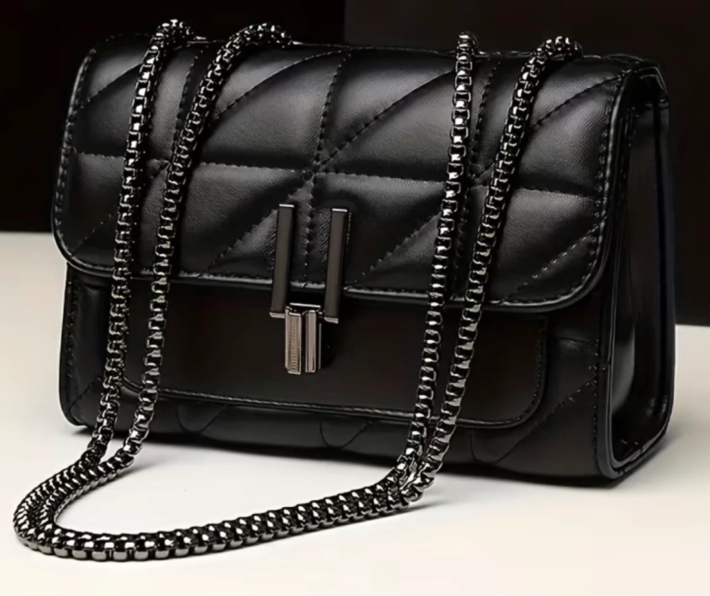 New Black Quilted Shoulder Bag with Chain Strap