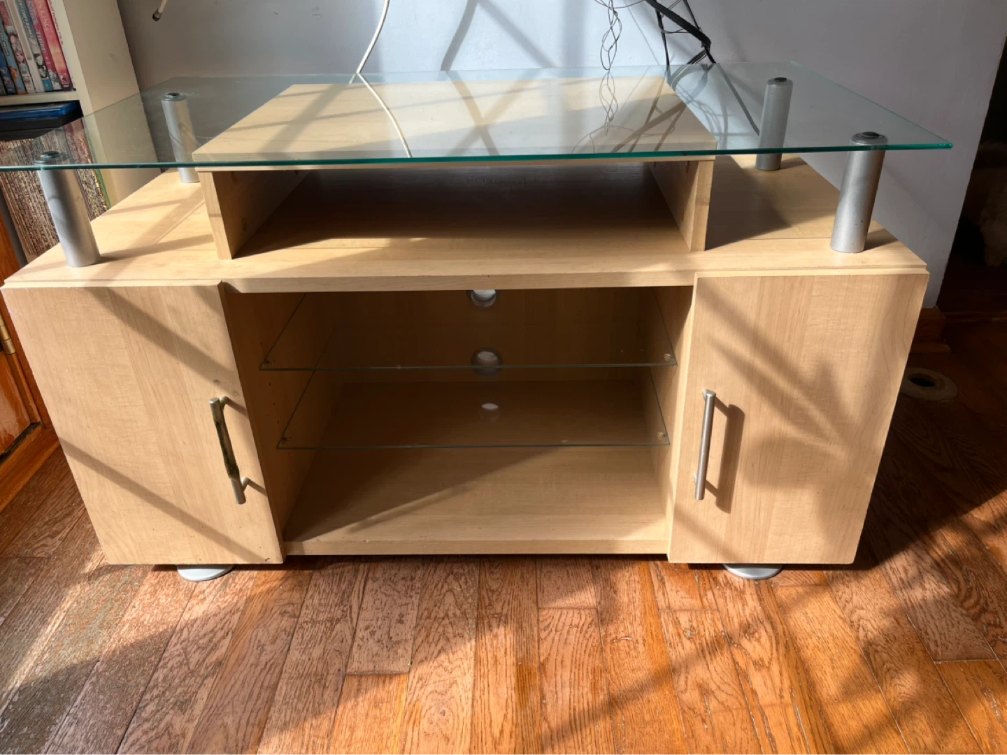 Glass Top Media Console TV Stand with Cabinet Storage