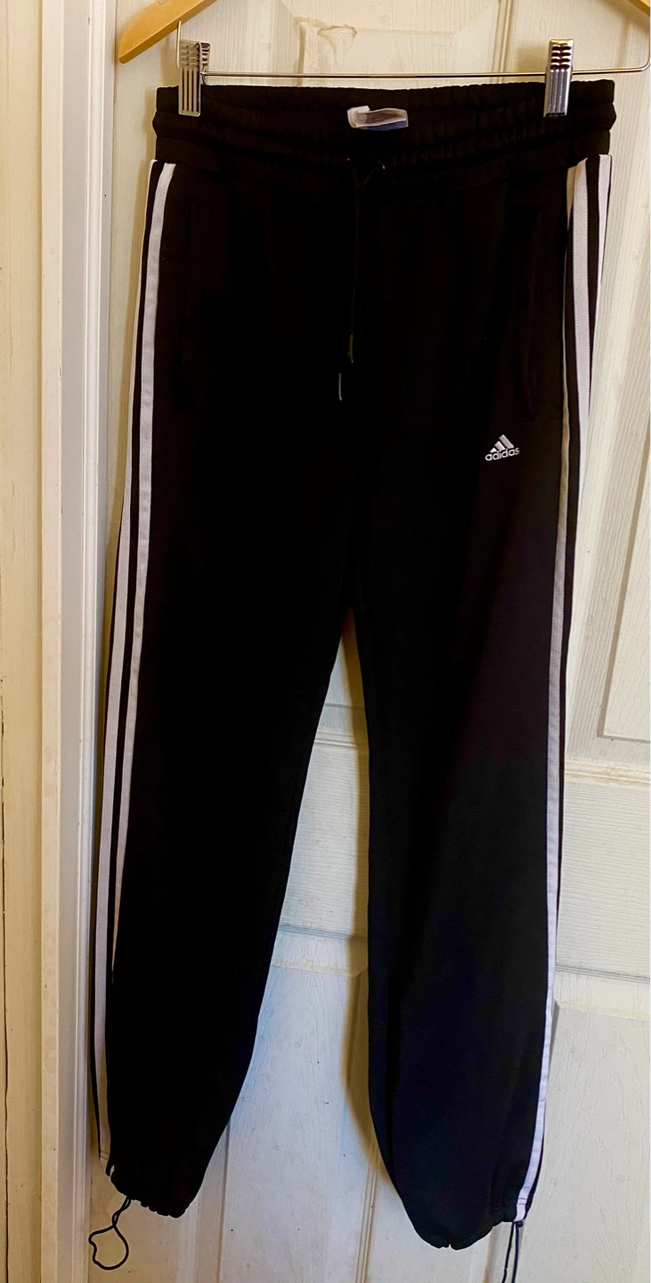 Adidas Black Jogger Pants with White Stripes - Size S