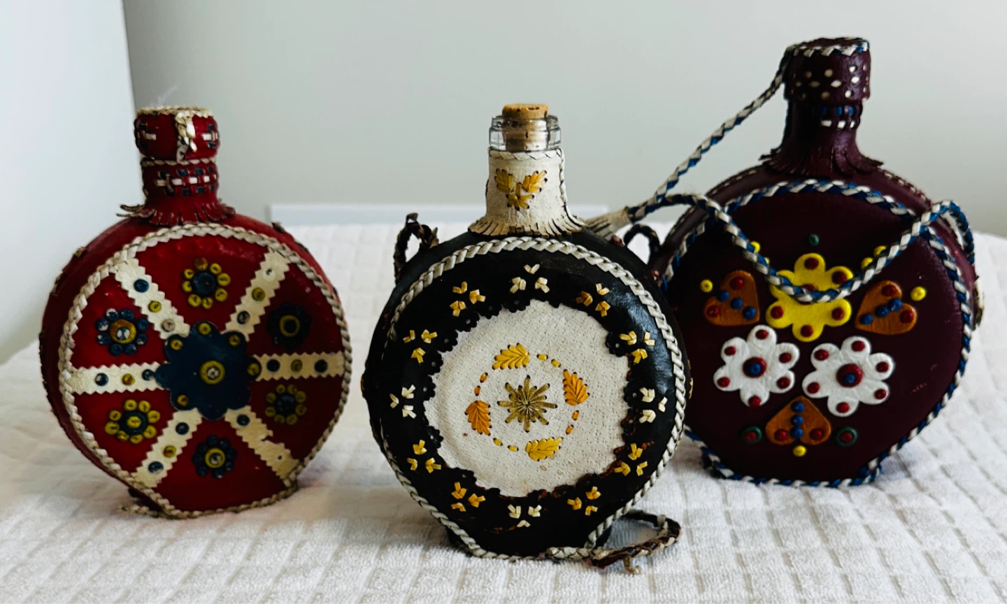 Vintage (1970’s) Leather Covered Bottles… (Folk Art; Boho)