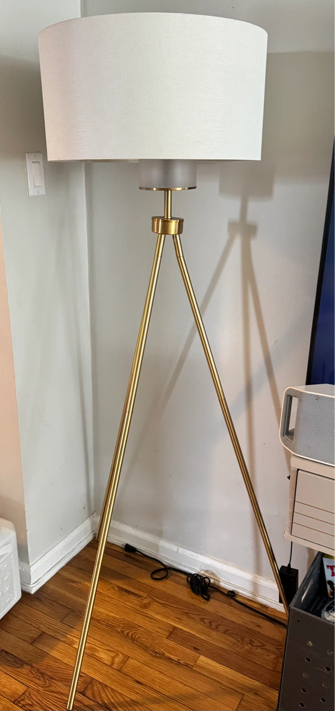 Gold Tripod Floor Lamp with White Drum Shade - photo 2