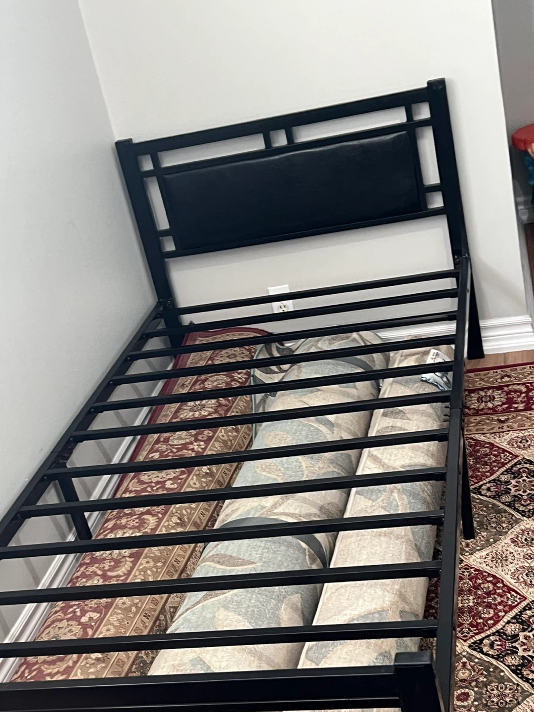 Black Metal Bed Frame with Faux Leather Headboard