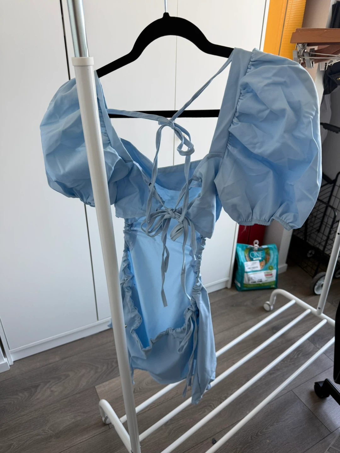 Light Blue Puff Sleeve Mini Dress with Tie Back - photo 2
