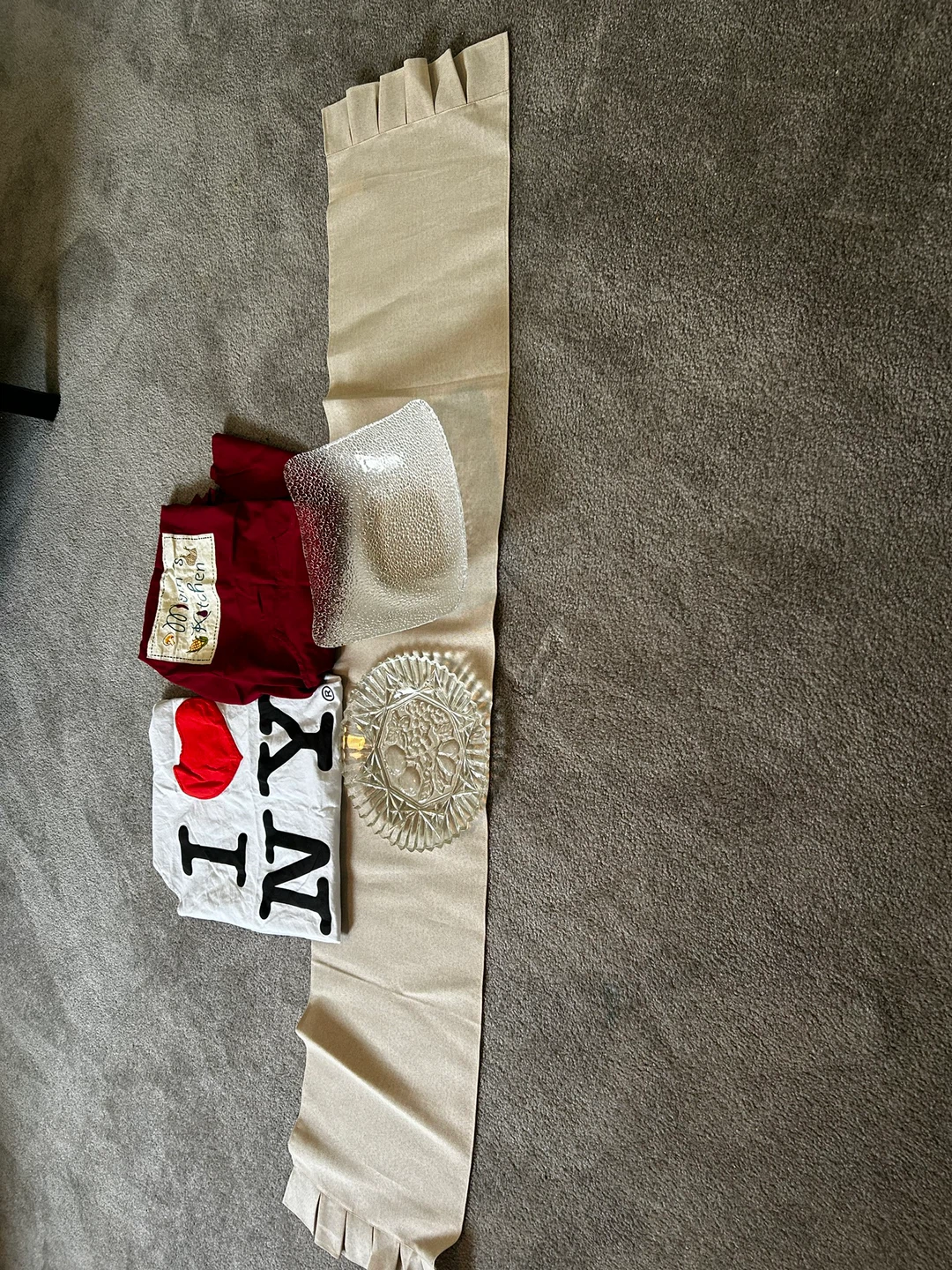 I Love NY T-Shirt, Burgundy Apron, and Glass Dishes