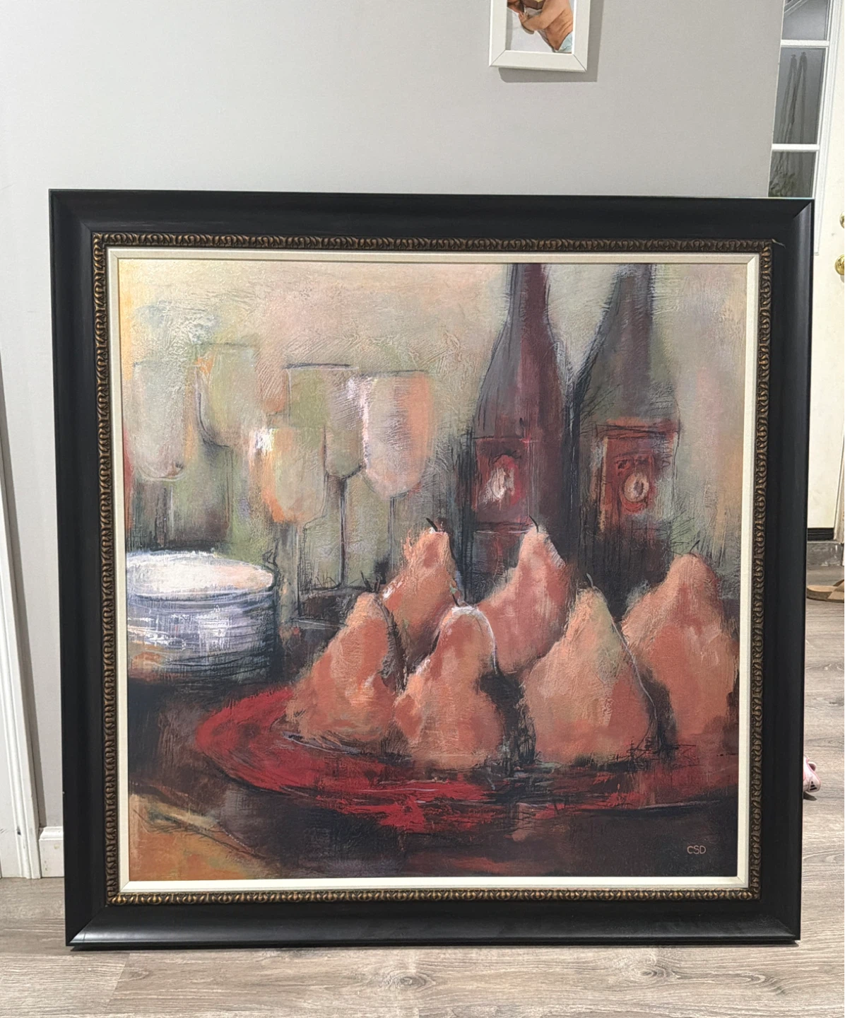 Framed Oil Painting Still Life Pears and Wine Bottles