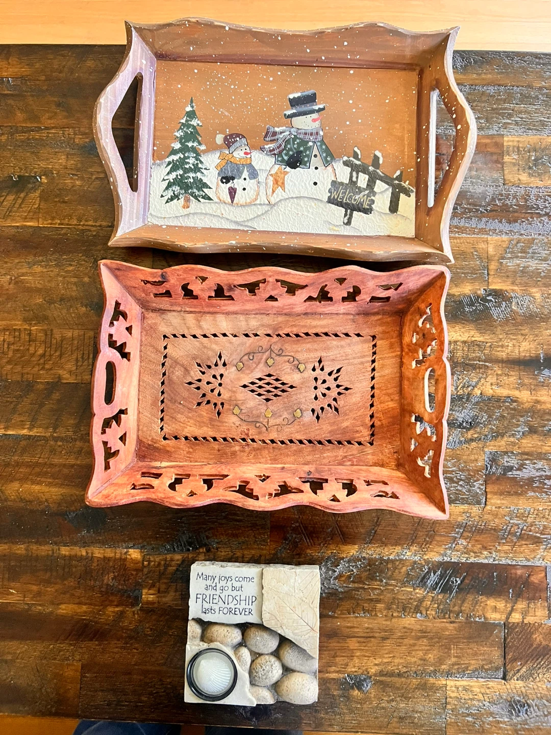 Decorative Serving Trays with Snowman and Wood Carving Designs
