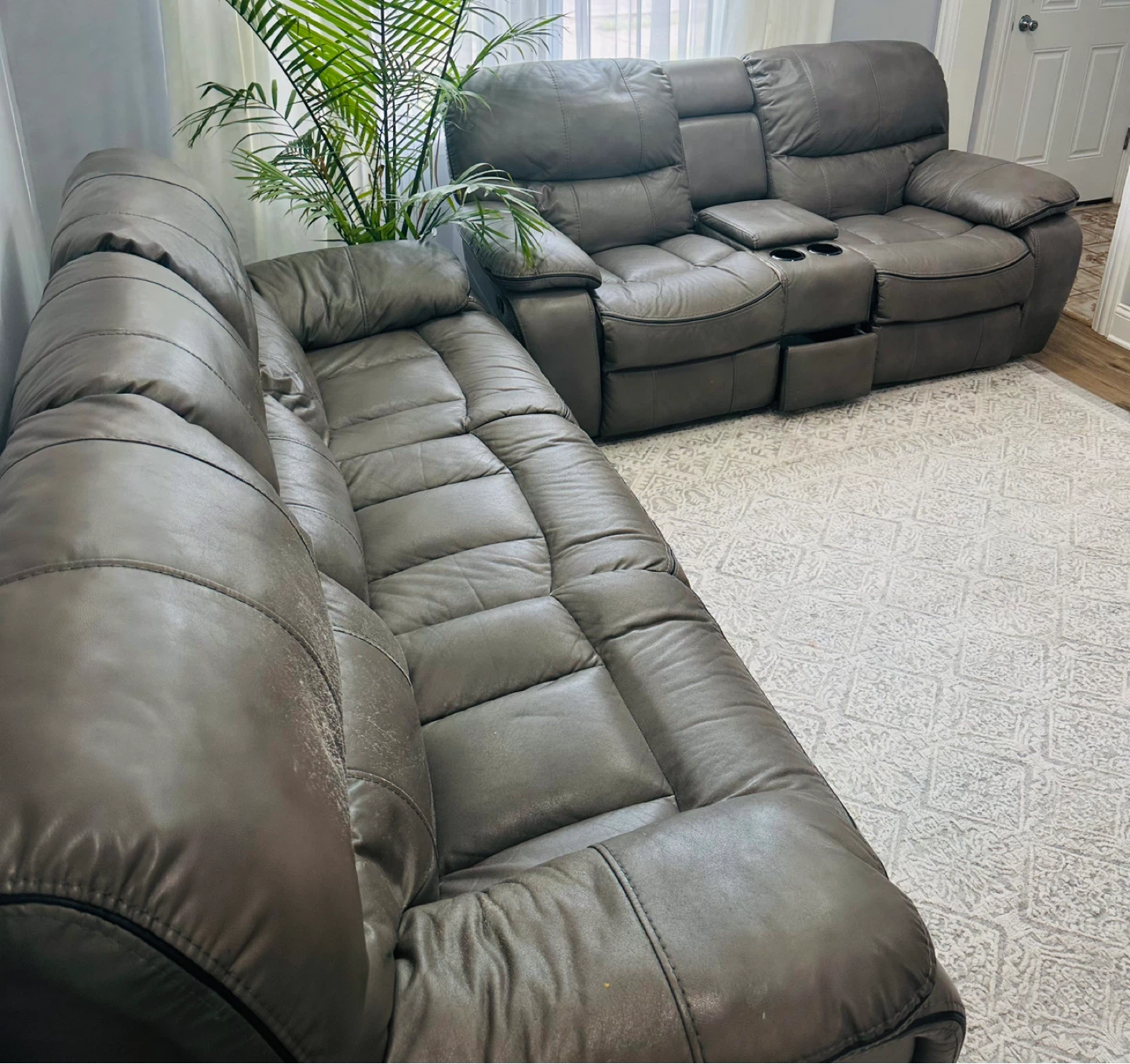 Gray Leather Reclining Sofa and Loveseat Set - photo 2