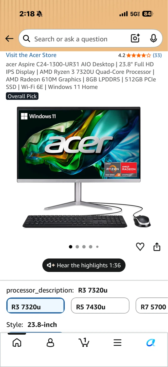 Acer Aspire C24-1300-UR31 All-in-One Desktop - photo 2