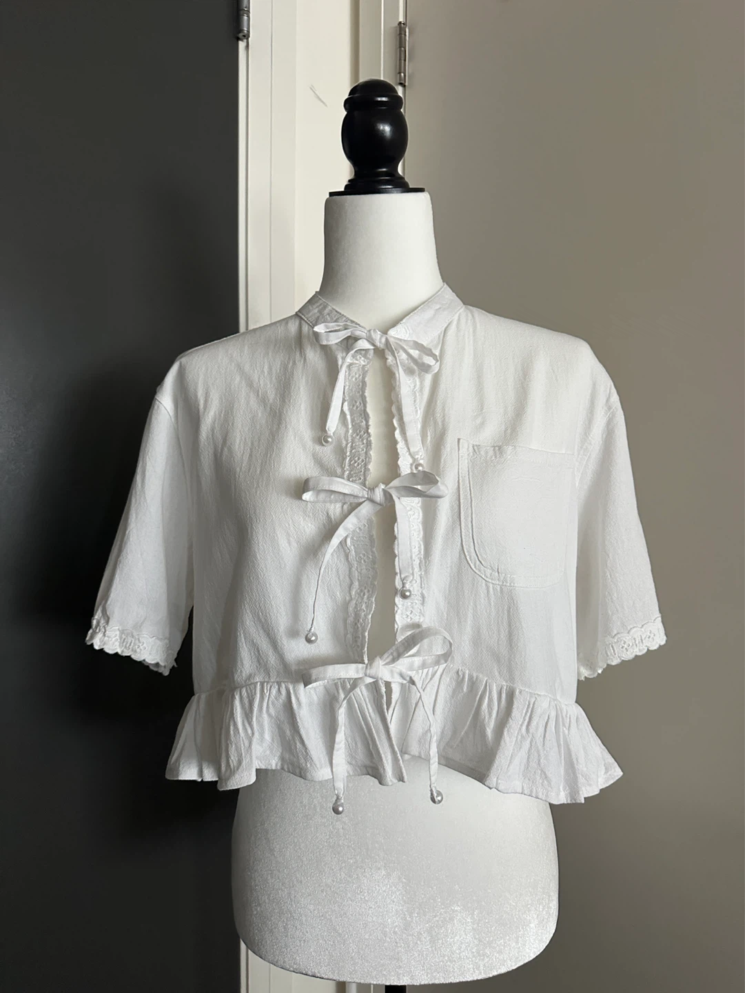 Handmade White Ruffled Tie-Front Blouse S