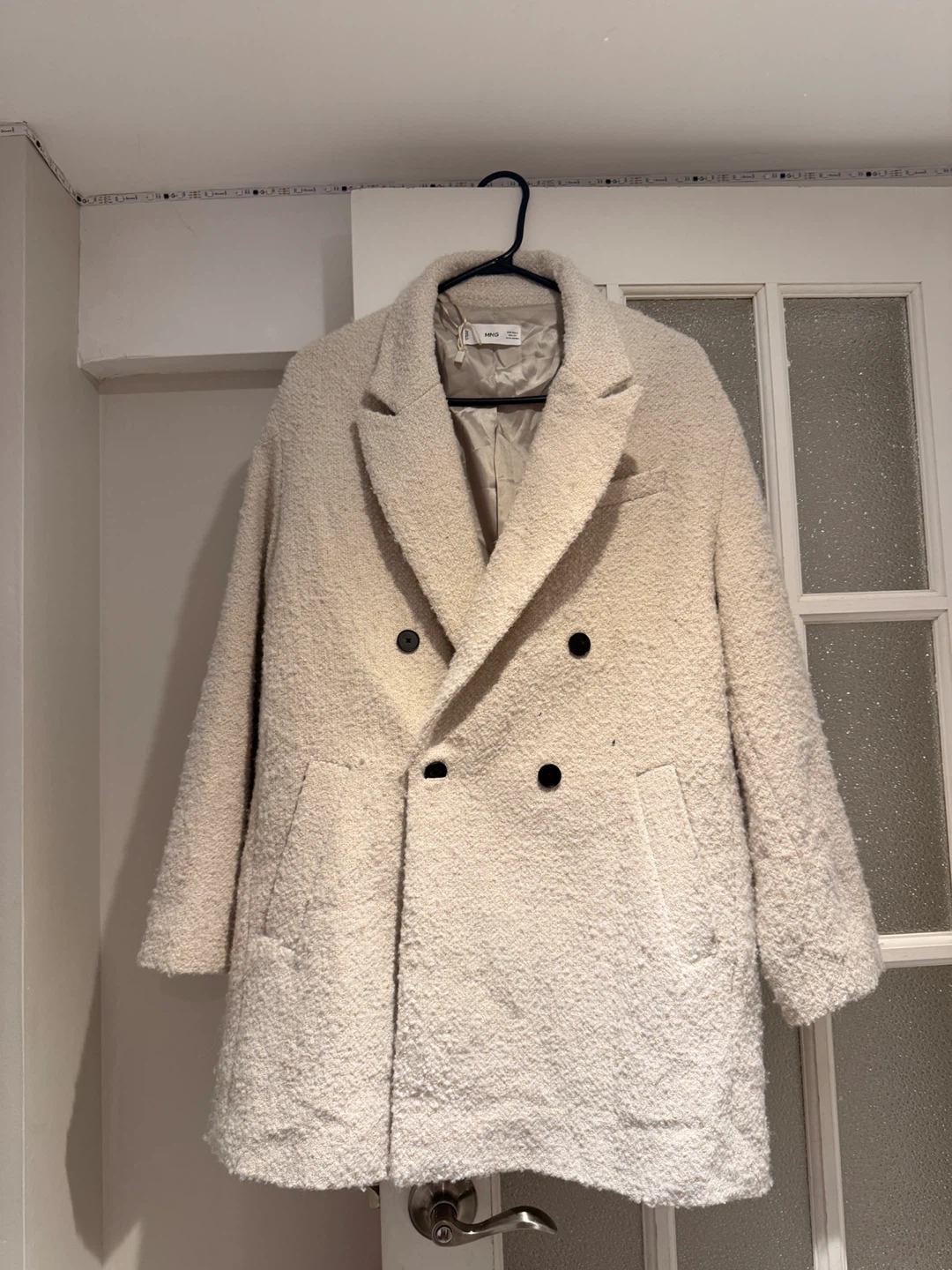 MNG Textured Double-Breasted Coat - Cream - Size S