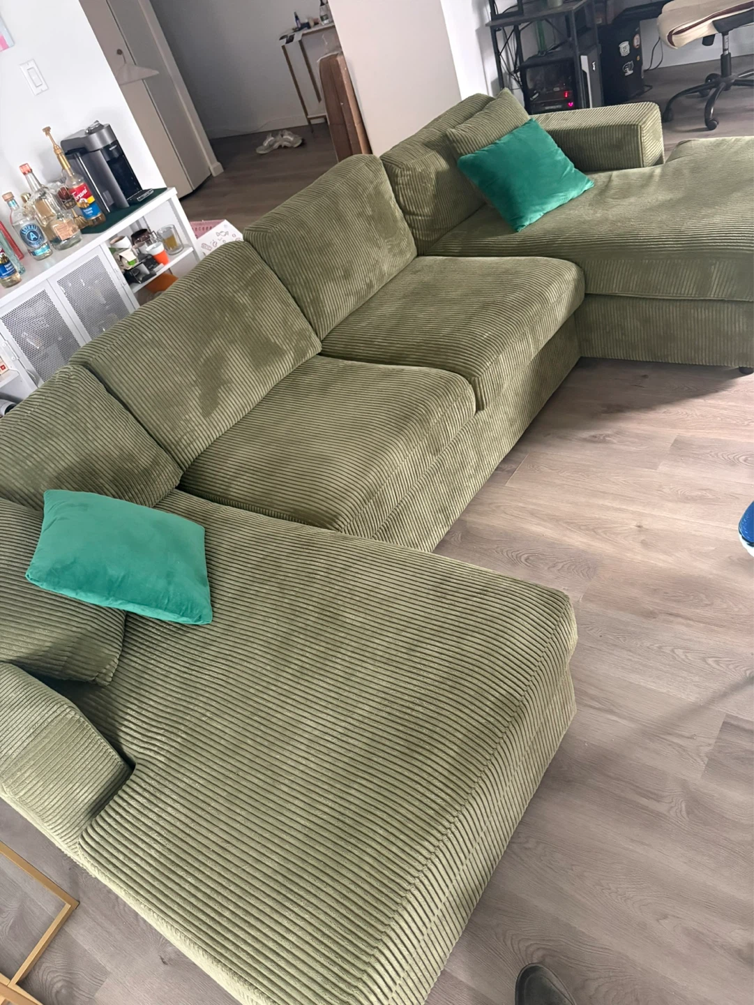 Big comfy green corduroy couch