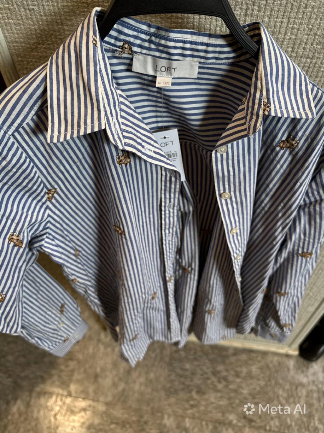 LOFT Blue and White Striped Embroidered Cat Shirt - Size XS