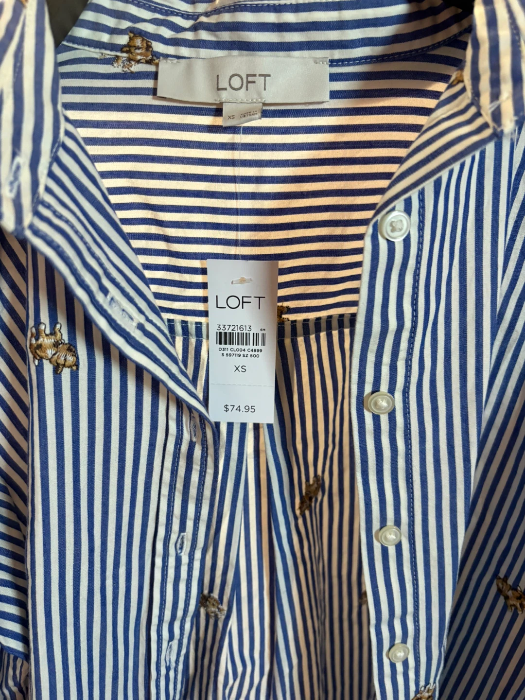 LOFT Blue and White Striped Embroidered Cat Shirt - Size XS - photo 2