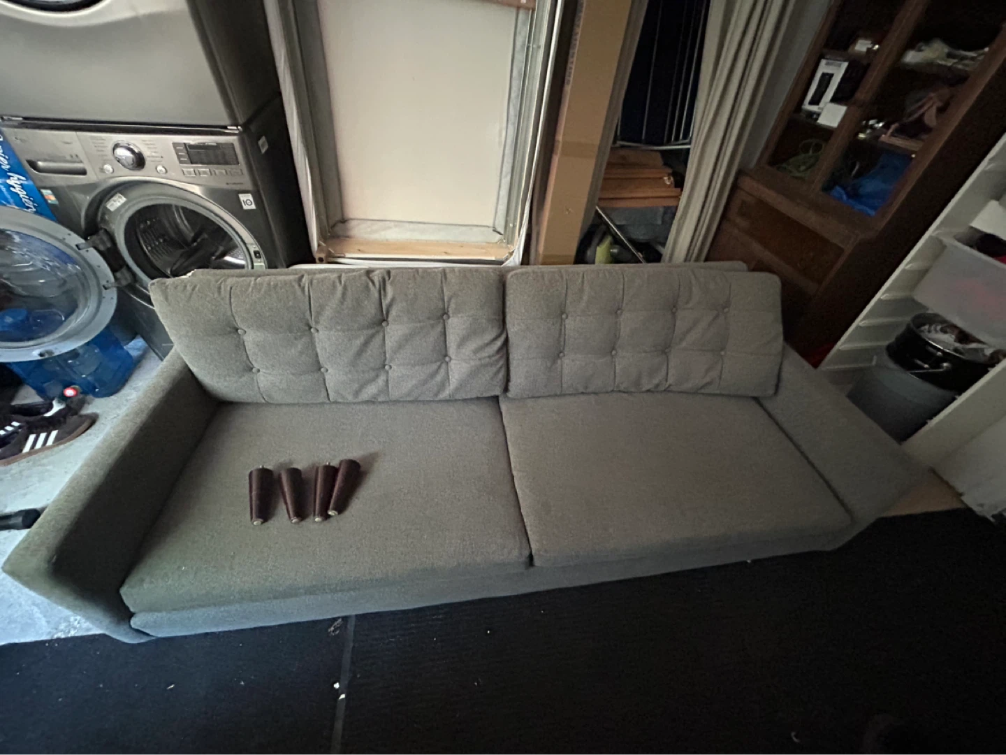 Grey Tufted Sofa with Wooden Legs