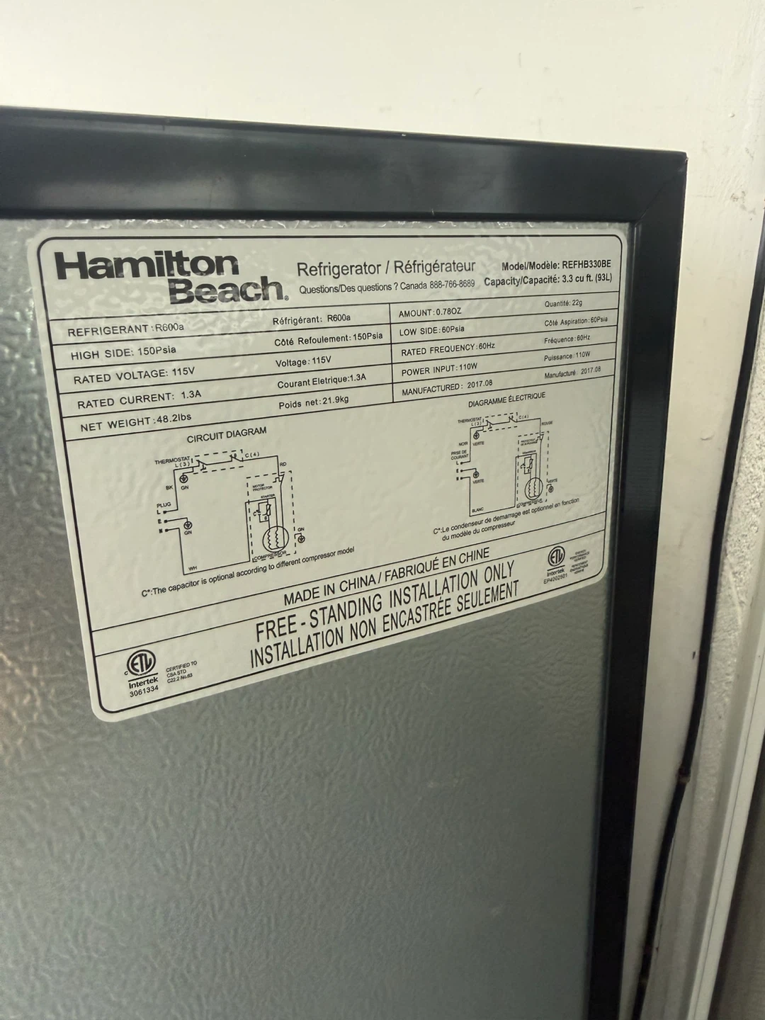 Hamilton Beach Refrigerator REFHB3308E - photo 3