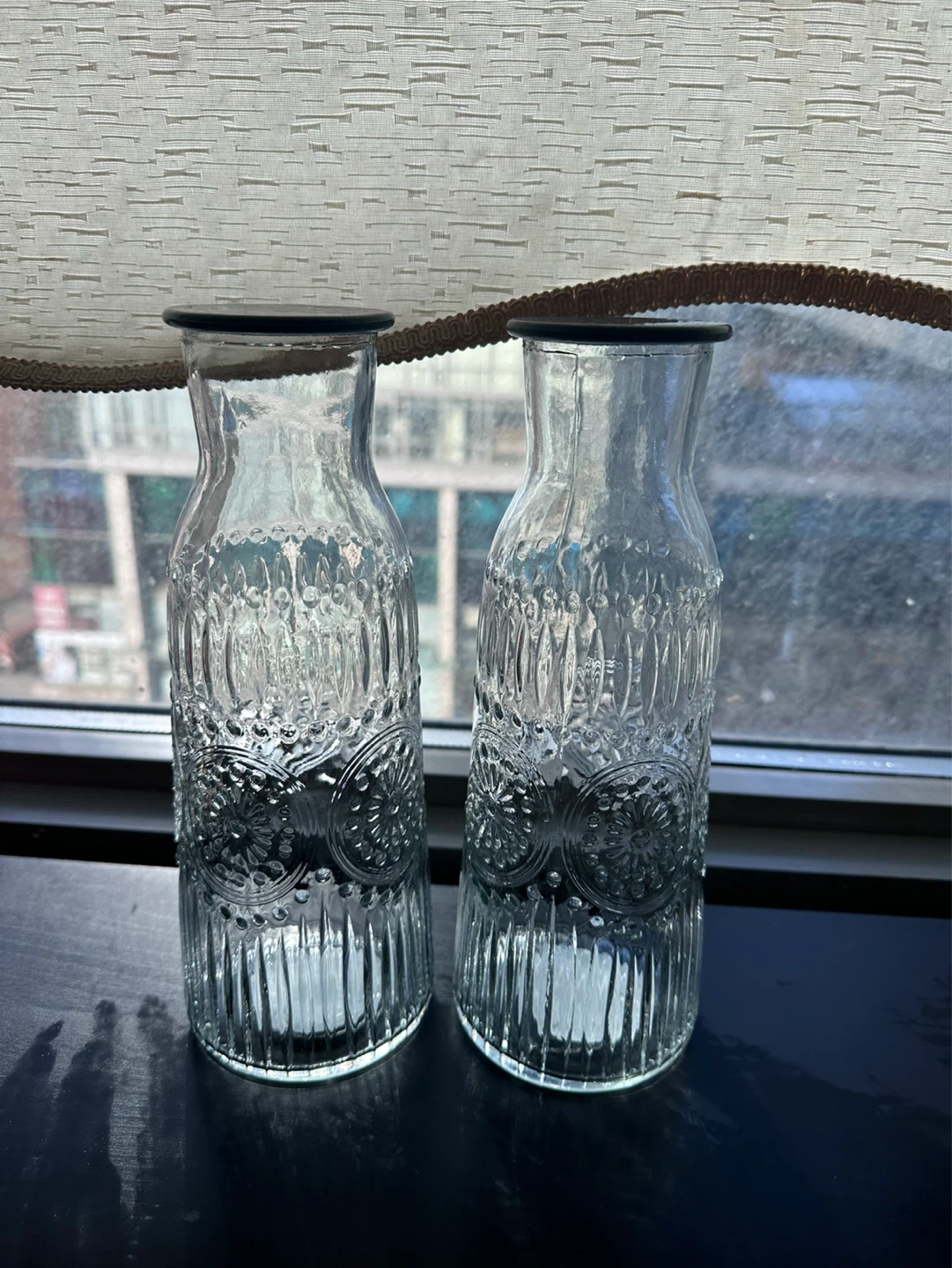 Set of 2 Clear Embossed Glass Bottles