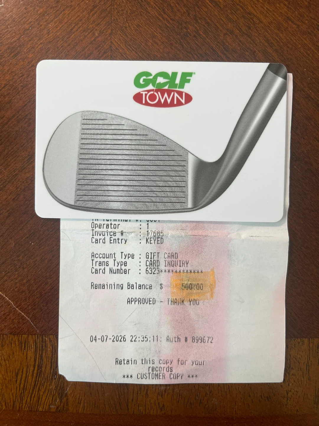 Golf Town Gift Card - $500 Remaining Balance