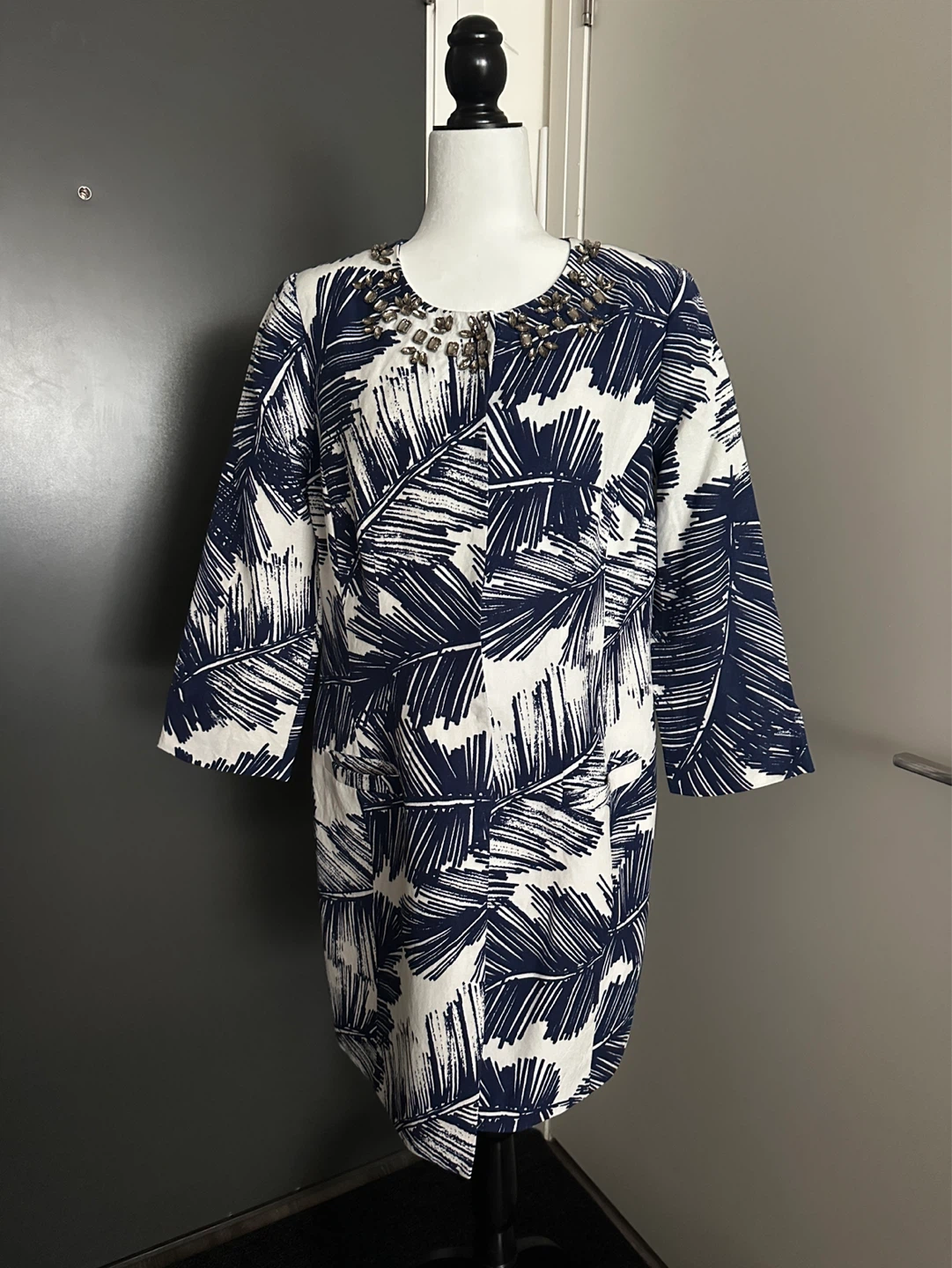 Clements Ribeiro Navy & White Leaf Print Beaded Jacket US 10