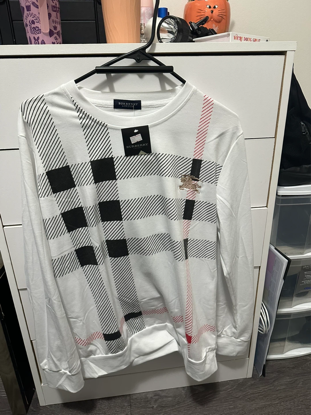 Burberry London White Long Sleeve Shirt with Plaid Detail